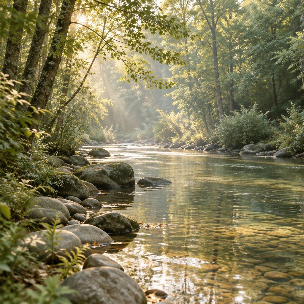 Rivière traversant un bois dans la lumière du matin